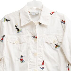 VTG 90s White Denim Jacket Casey Coleman Sz S Embroidered Lighthouse CottageCore